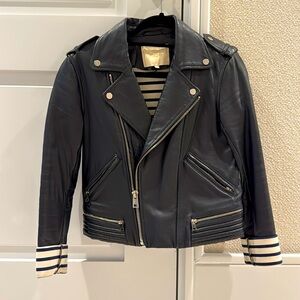 Maje Navy Leather Biker Jacket